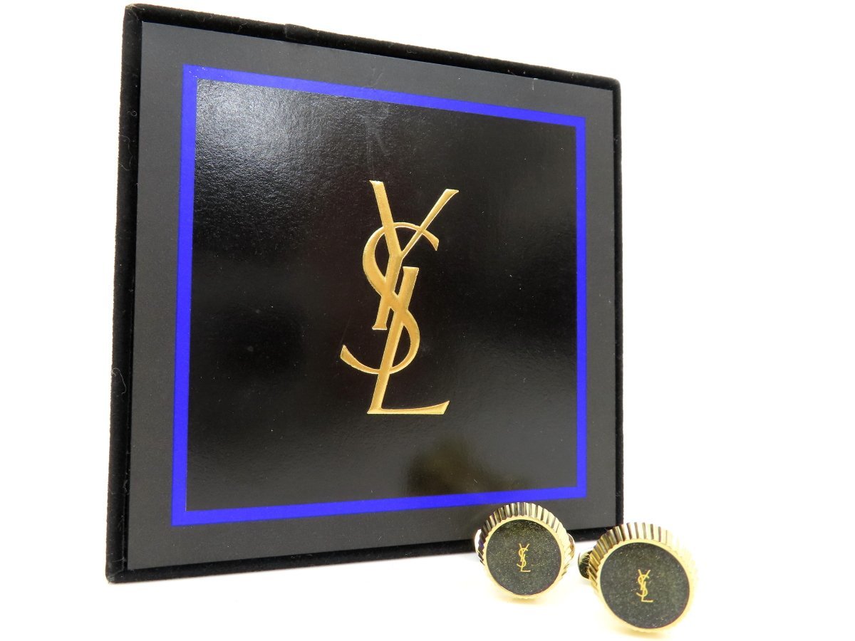 ◆超美品◆YSL Yves Saint-Laurent イヴ・サンローラン◆ロゴ◆ラウンド カフスボタン◆チャコールグレー ゴールド金具◆ケース付き◆A3902_画像2