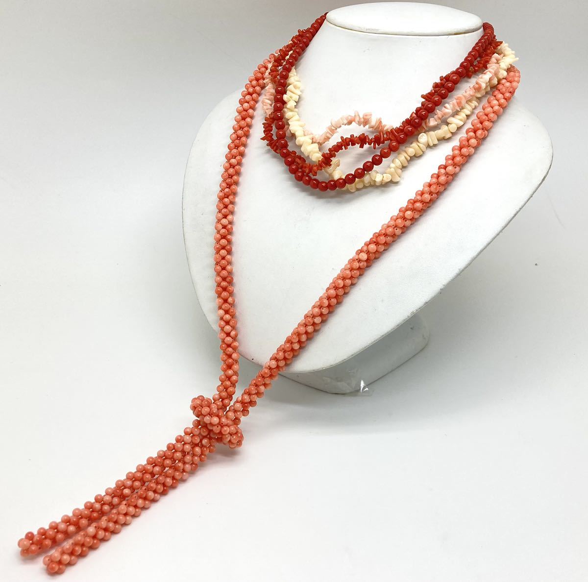 「珊瑚ネックレス5点おまとめ」f 重量約154g サンゴ さんご necklace coral コーラル 赤 桃色 枝 丸玉 白 silver DB0_画像1