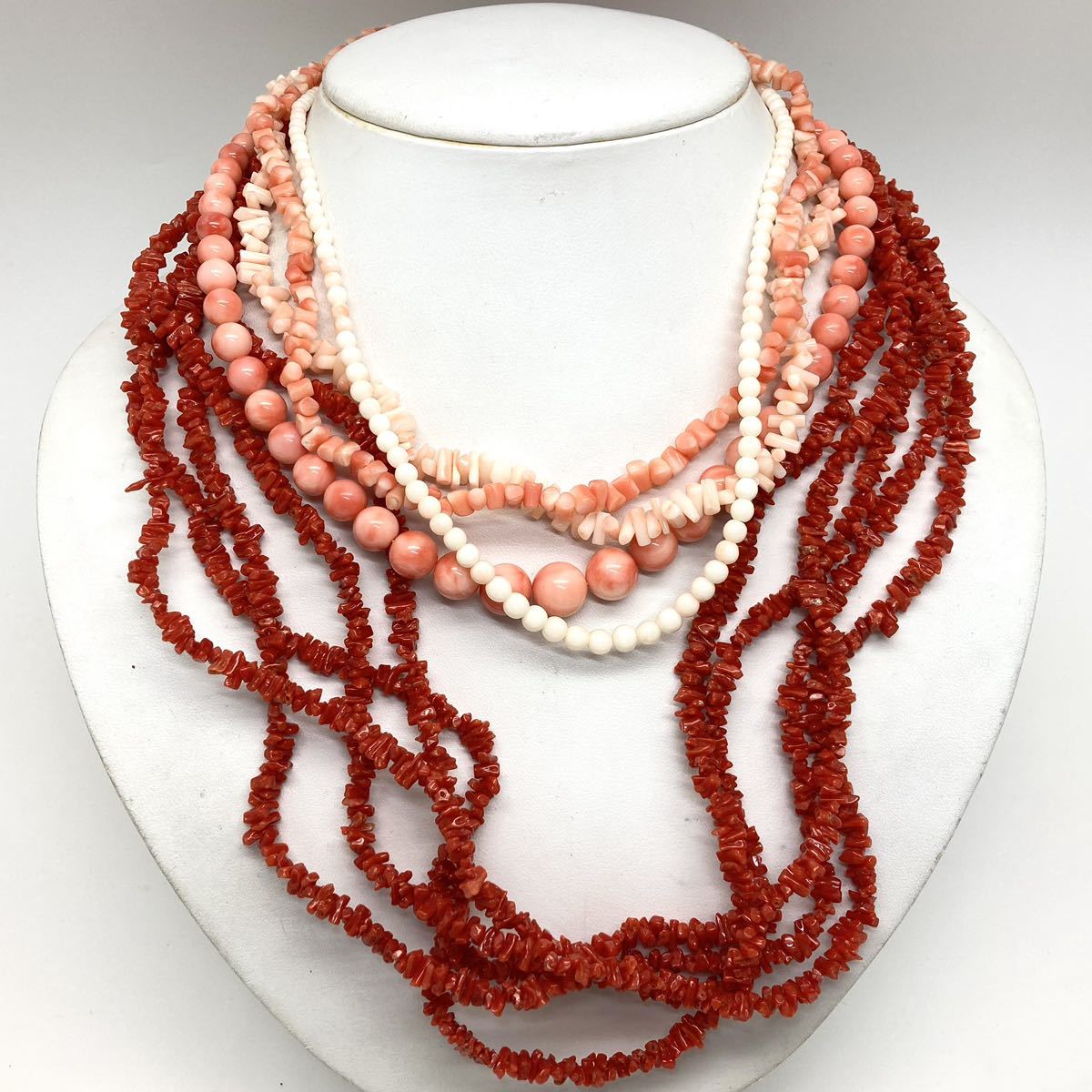 「珊瑚ネックレス5点おまとめ」f 重量約142g サンゴ さんご necklace coral コーラル 赤 桃色 枝 丸玉 白 silver DB0_画像1