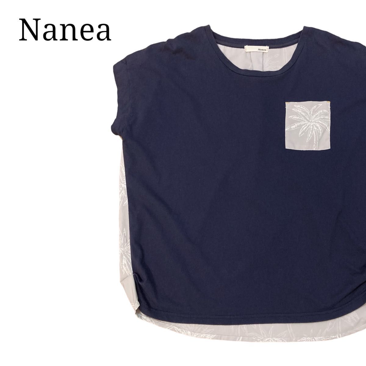 ナネア Nanea アロハデザイン Tシャツ カットソー 異素材 ヤシの木 ネイビー ホワイト カジュアル F