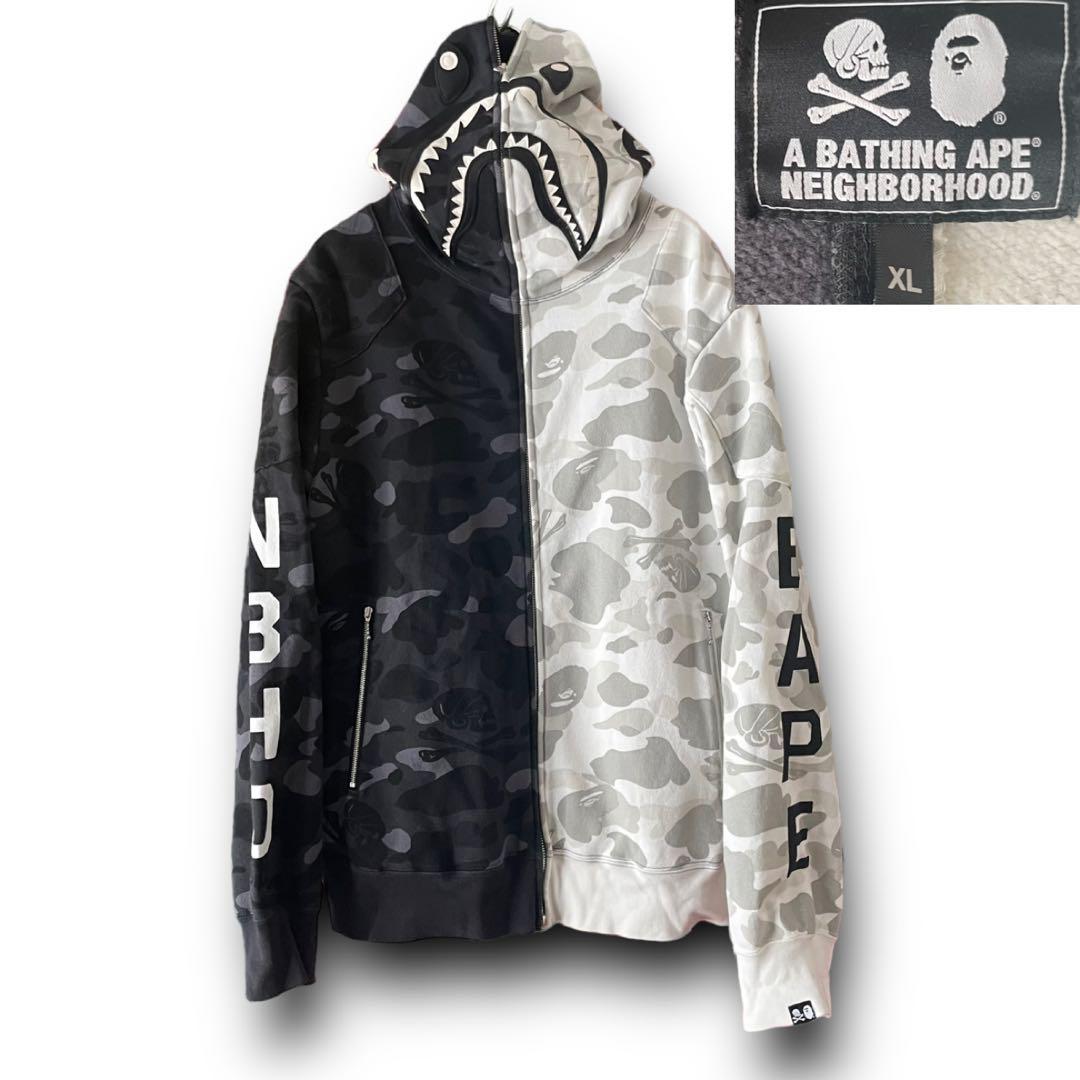 希少size XL NEIGHBORHOOD × A BATHING APE ネイバーフッド × エイプ カモフラ シャーク パーカー フーディ 日本製_画像1