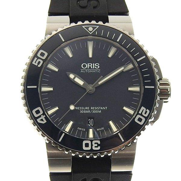 1円 稼働 オリス ORIS 7653 自動巻き アクイスデイト ネイビー文字盤 SS×ラバー メンズ 腕時計