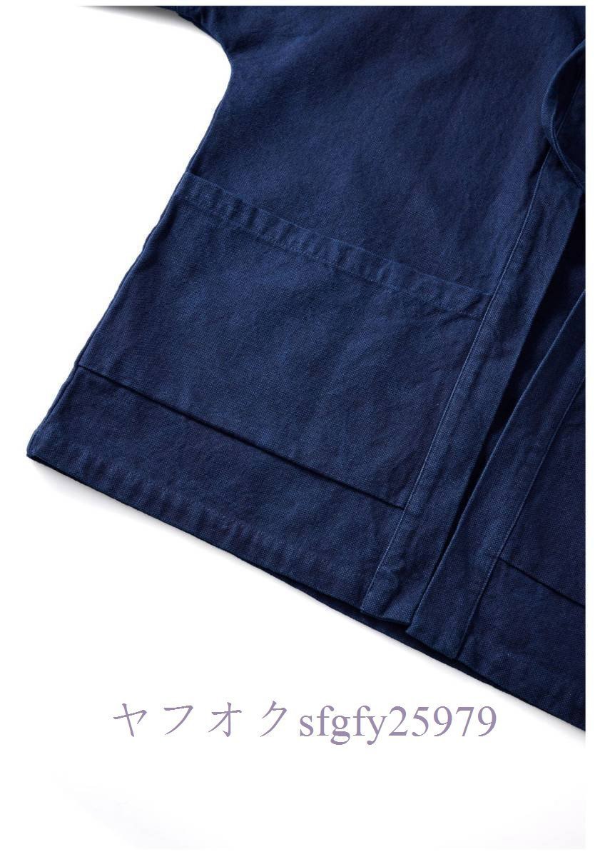 新品職人手作り 藍染 カバーオール 半纏 褞袍 綿&麻 ワークジャケット ゆったり 大きいサイズ 天然藍 インディゴ 薄手M~2XL_画像4
