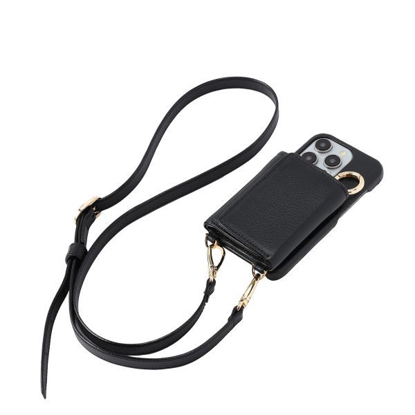 iPhone15 Pro 本牛革 レザー カバー 財布付き ケース ブラック ストラップ付 職人仕立て ハンドメイド メンズ＆レディース 個性的