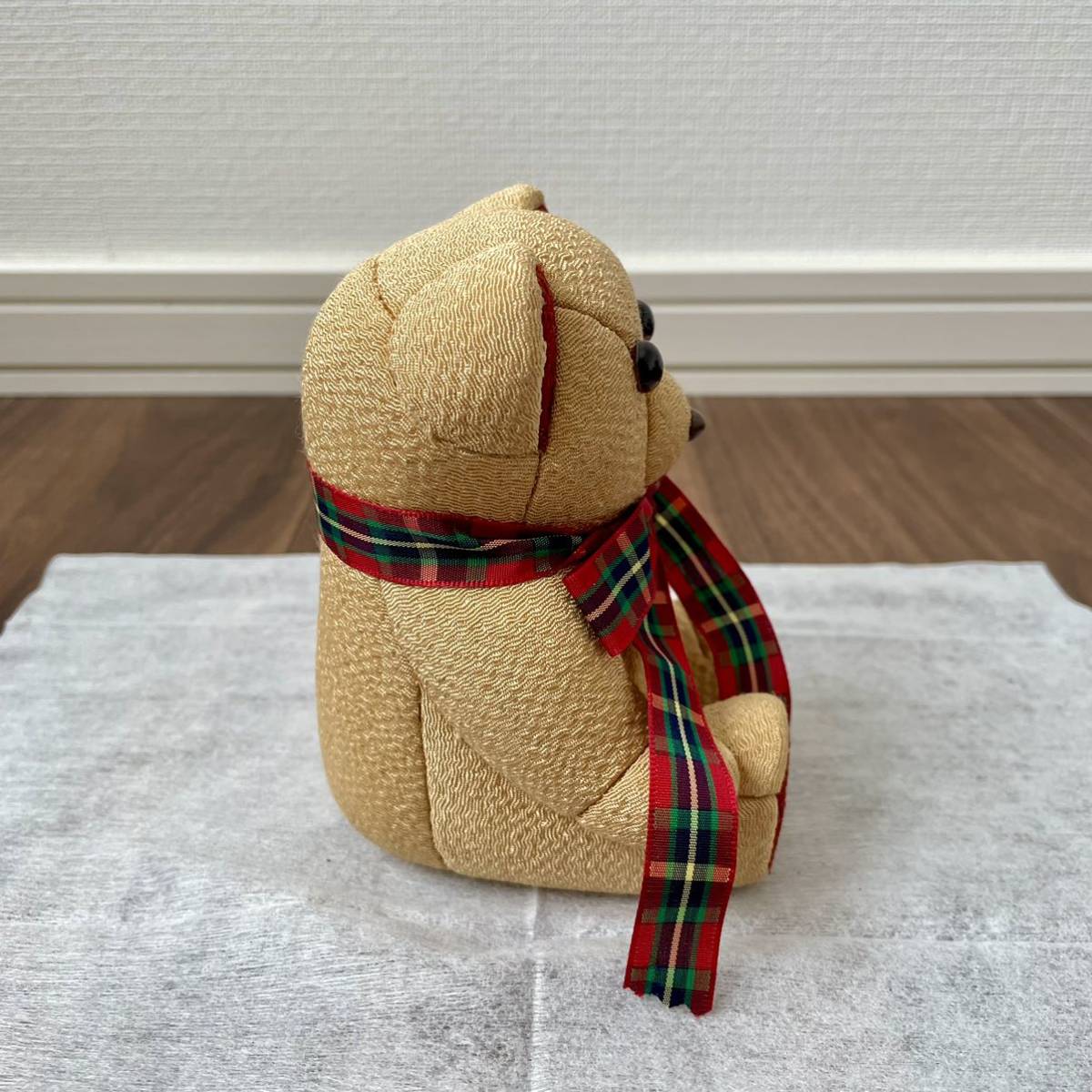 SH1).. bear ornament doll height 13.5cm crepe-de-chine Showa Retro ribbon beige 