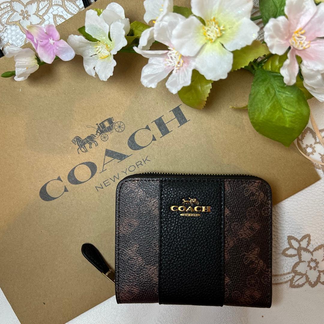 COACH ダークブラウン × ブラック ライン 馬車柄 二つ折り