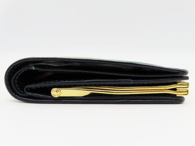 K02 Yves Saint Laurent イヴサンローラン がま口/ホック レザー 2つ折り財布 ネイビー/グリーン_画像4