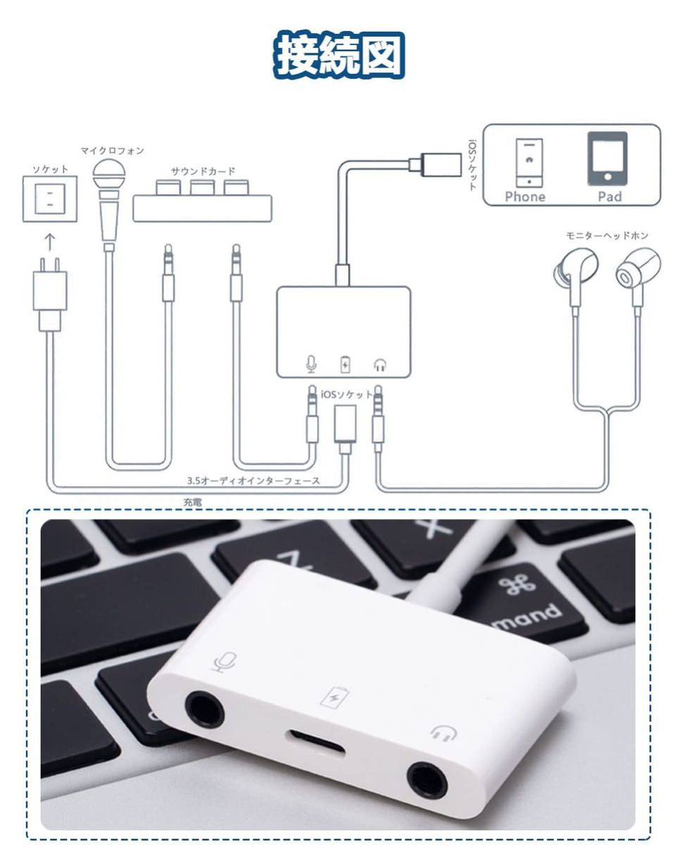 iPhone/iPadに適用 イヤホン 変換アダプタ 充電 同時 三股接続ケーブル 3.5mmジャック接続 外付けマイク 音楽調節 通話可能 (ホワイト)