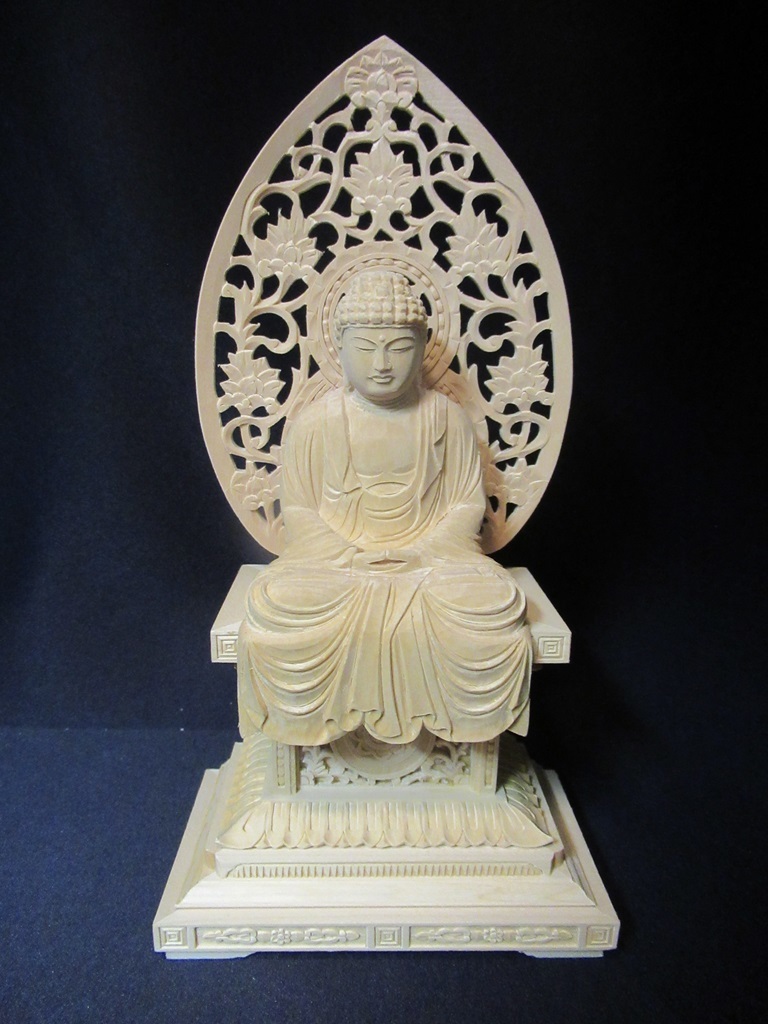 座釈迦/垂れ裾/宣字座/唐草光背/桧木製/2.0寸」総高20cm/ 座釈迦/垂れ裾/宣字座/唐草光背/桧木製/2.0寸」総高20cm/