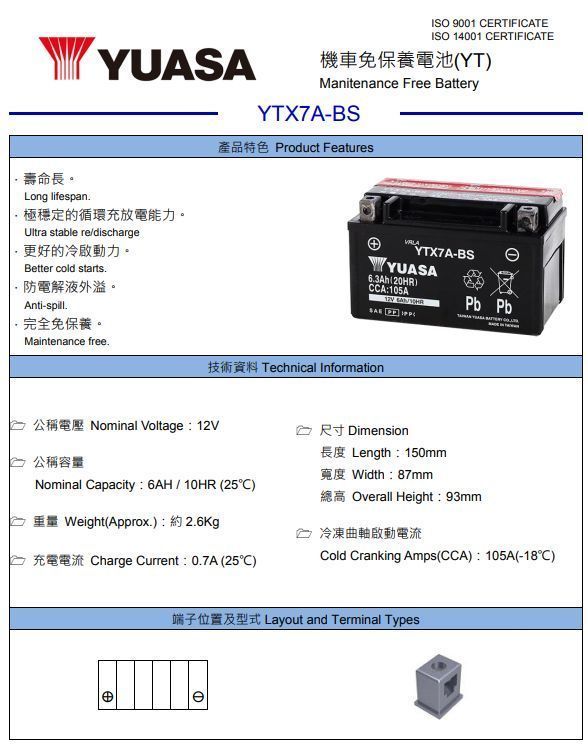 台湾ユアサバッテリー YUASA YTX7A-BS /AGMバッテリー アドレスV125 V125G ヴェクスター125 アヴェニス125 スカイウェイブ250 イナズマ400_画像2