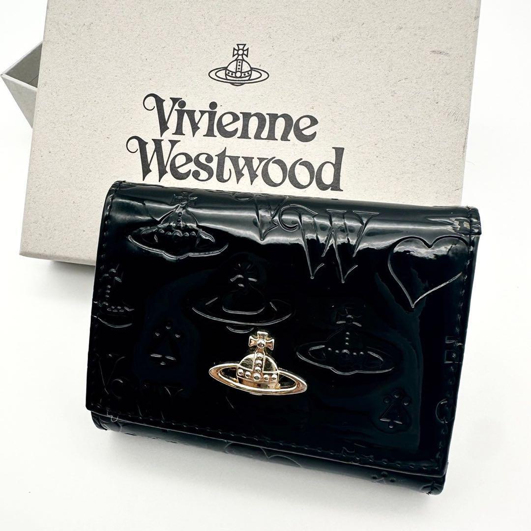 【人気】Vivienne Westwood ヴィヴィアンウエストウッド 三つ折り財布 ブラック エナメル オーブ がま口 レディース_画像1