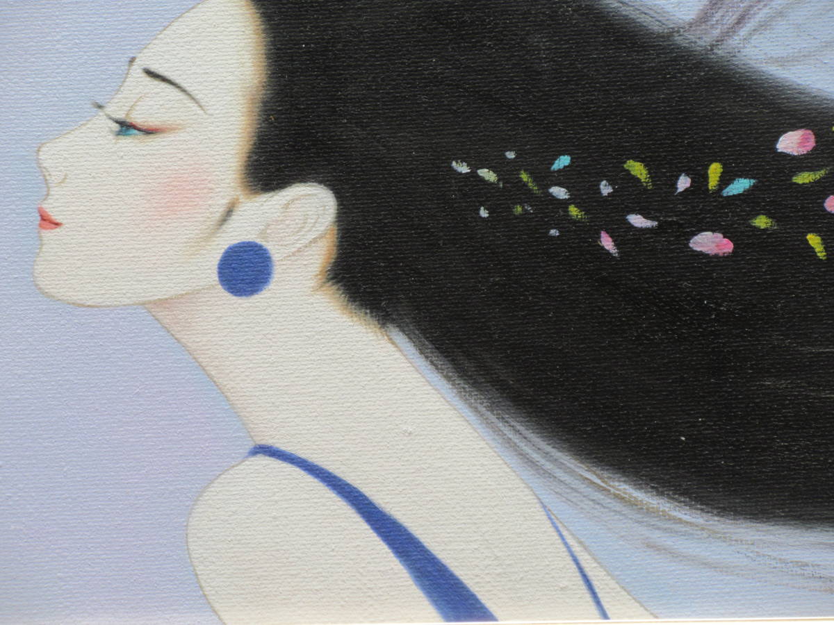 鶴田一郎/手描き油彩 「長髪美人」/絵面サイン 裏面サイン 落款 2007.11.15作/模写/F6号・額装・合わせ箱/検索( 東郷青児　高塚省吾 )_画像4