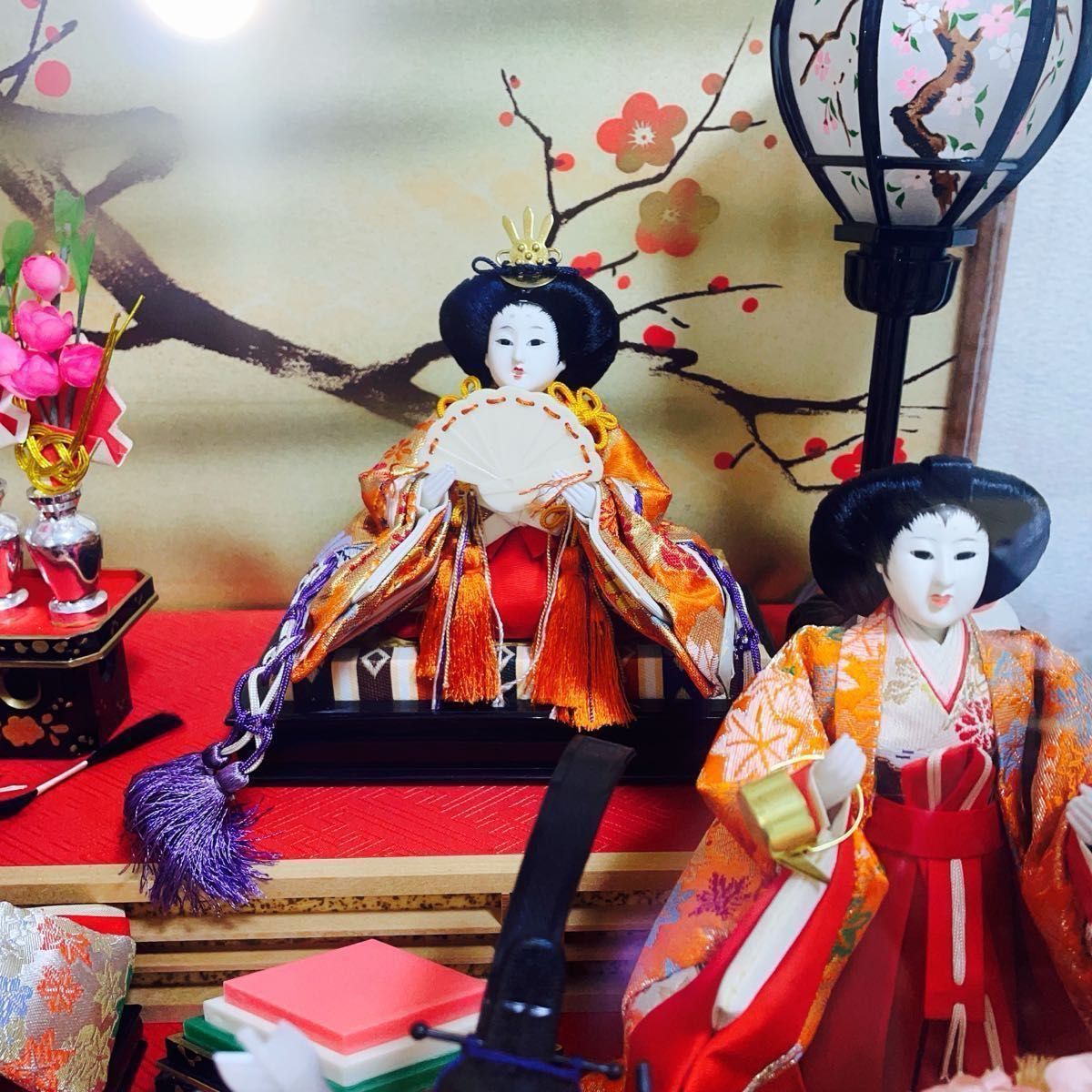 雛人形 3段 ガラスケース ネジ巻きオルゴール 飾りつき 2人囃子 三人官女 昭和 レトロ