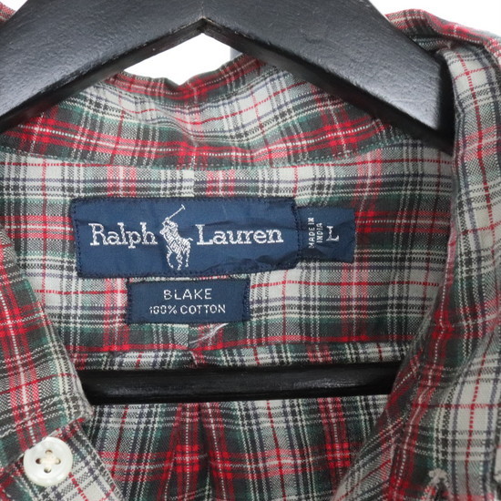 O189 90sビンテージ RalphLauren BLAKE ラルフローレン 長袖コットンシャツ■1990年代製 表記Lサイズ レッド 赤 チェック ボタンダウン 80s_画像3