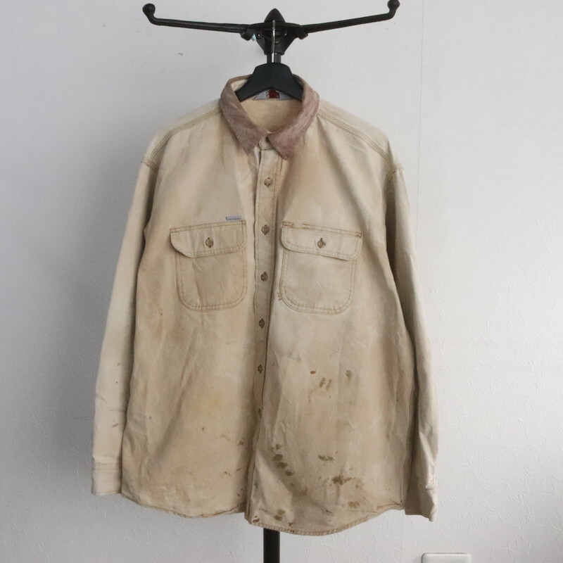 P177 90sビンテージ Carhartt カーハート 長袖コットンシャツ■1990年代製 約XLサイズ ブラウン ワーク 襟コーデュロイ アメカジ 80s 70s_画像1