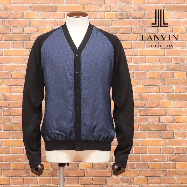 春夏/LANVIN COLLECTION/48サイズ/カーディガン やわらか綿ハイゲージ＆美艶シルク ヒョウ柄 ちょいワル 色気 新品/黒×紺/ib176/