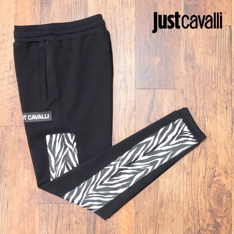 1円/Just cavalli/Sサイズ/ジョガー パンツ スウェット快適 ゼブラ柄サイドライン ちょいワル 新品/黒/ブラック/id158/_画像1