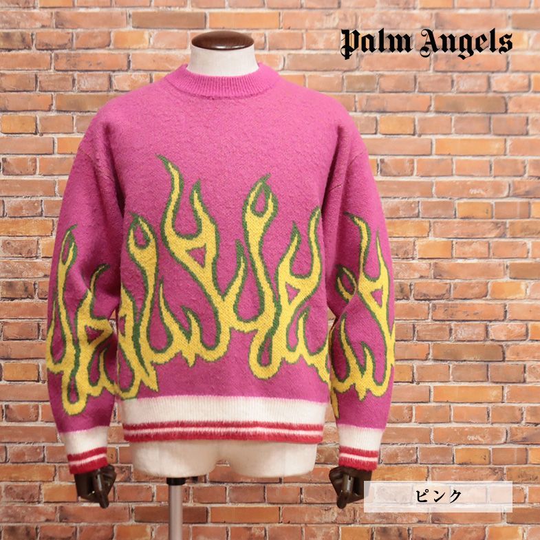 1円/秋冬/Palm Angels/Mサイズ/イタリー製 丸首ニット PMHE043F22KNI00 ファイヤー柄 セーター 新品/ピンク/ib404/_画像1