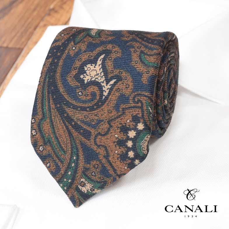 CANALI/ネクタイ しっとりウール100％ ペイズリー柄プリント イタリア製 ハンドメイド 新品/紺×茶/hb627/