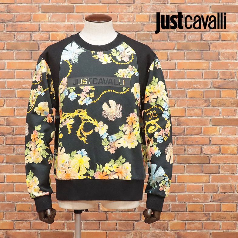 1円/Just cavalli/Mサイズ/丸首トレーナー スウェット快適◎ 花柄 ロゴ レタード レトロ ストリート 新品/黒/ブラック/id223/_画像1