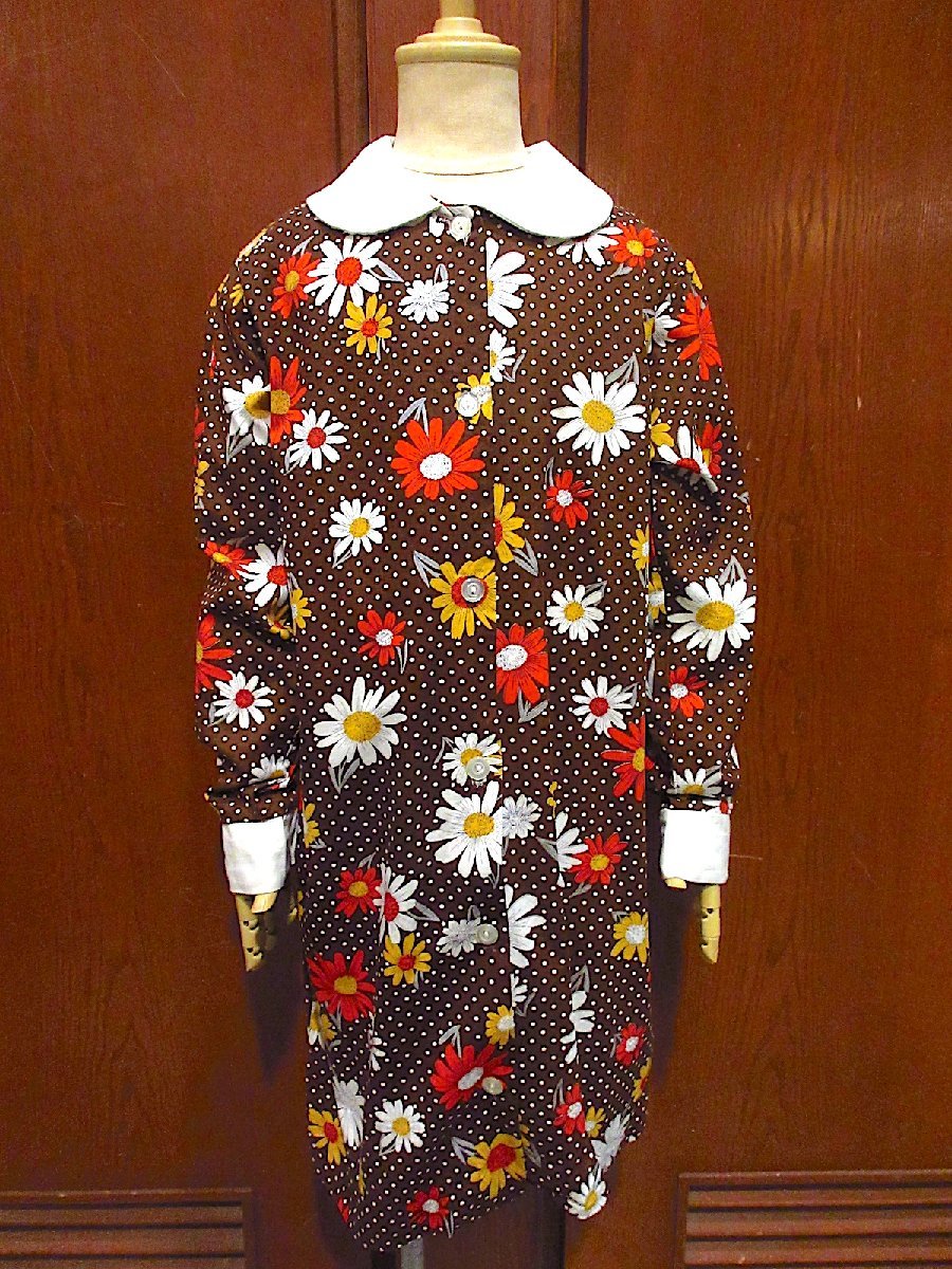 ビンテージ70's●キッズ襟付きドット×花柄長袖ワンピース茶●240221c5-k-drs 1970s子供服ドレス古着ガーベラ_画像1