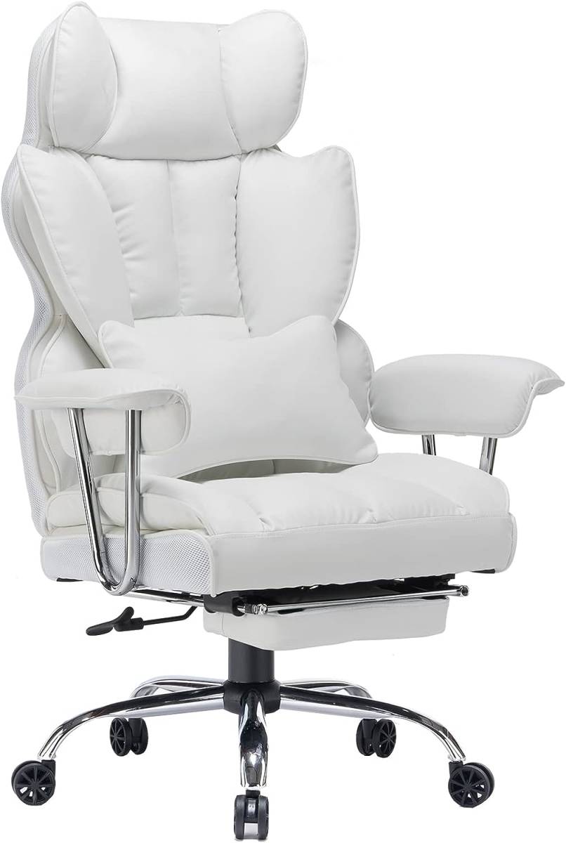 新品　SKYE ゲーミングチェア 座り心地最高 デスクチェア オフィスチェア 椅子 テレワーク 社長椅子 伸縮可能のオットマン (ホワイト)_画像1