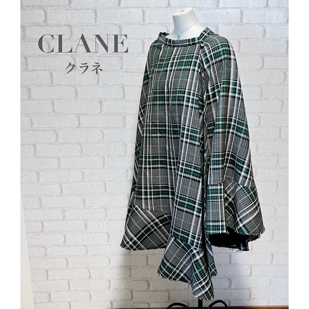 美品 クラネ CLANE ケープ ビックカラーフレアコート チェック ケープ ポンチョ グリーン 春 秋 冬 お洒落 レディース アウター