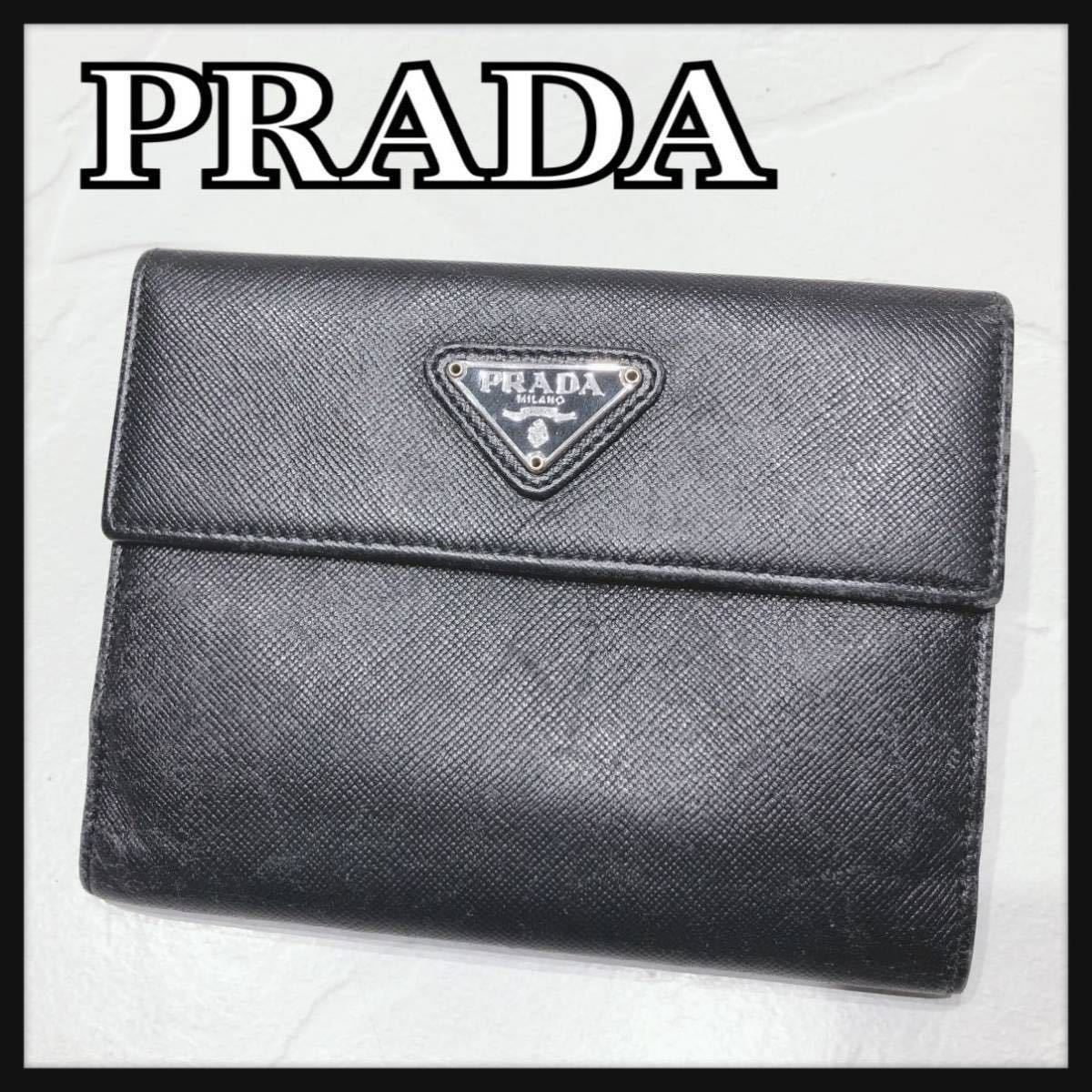 ☆PRADA☆ プラダ 折り財布 財布 ウォレット ブラック 黒 レザー 本革 サフィアーノ 三角プレート シンプル レディース 女性 送料無料の画像1