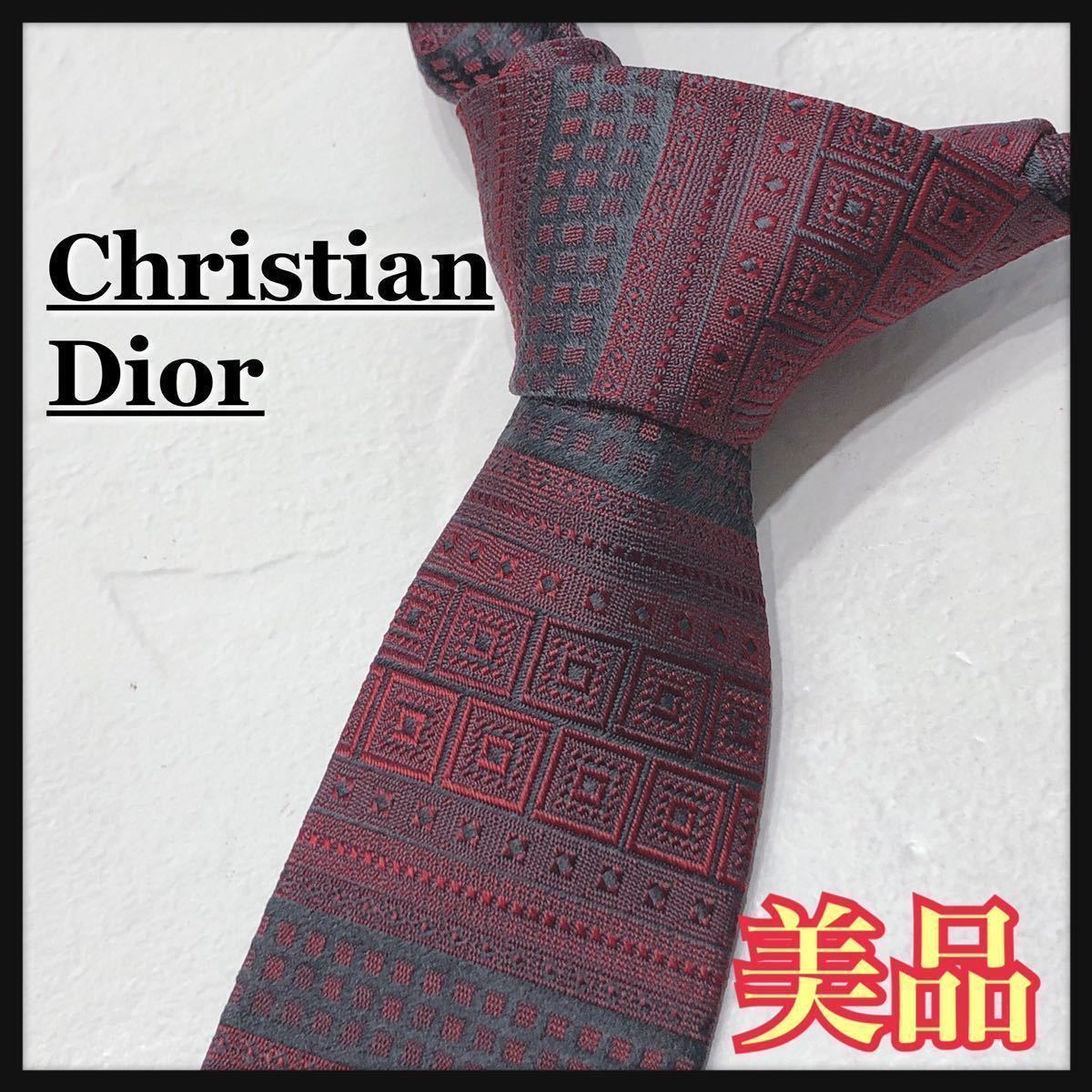 ☆美品☆ ChristianDior クリスチャンディオール ネクタイ レッド シルク 総柄 メンズ 男性 紳士 仕事 スーツ フォーマル 送料無料_画像1