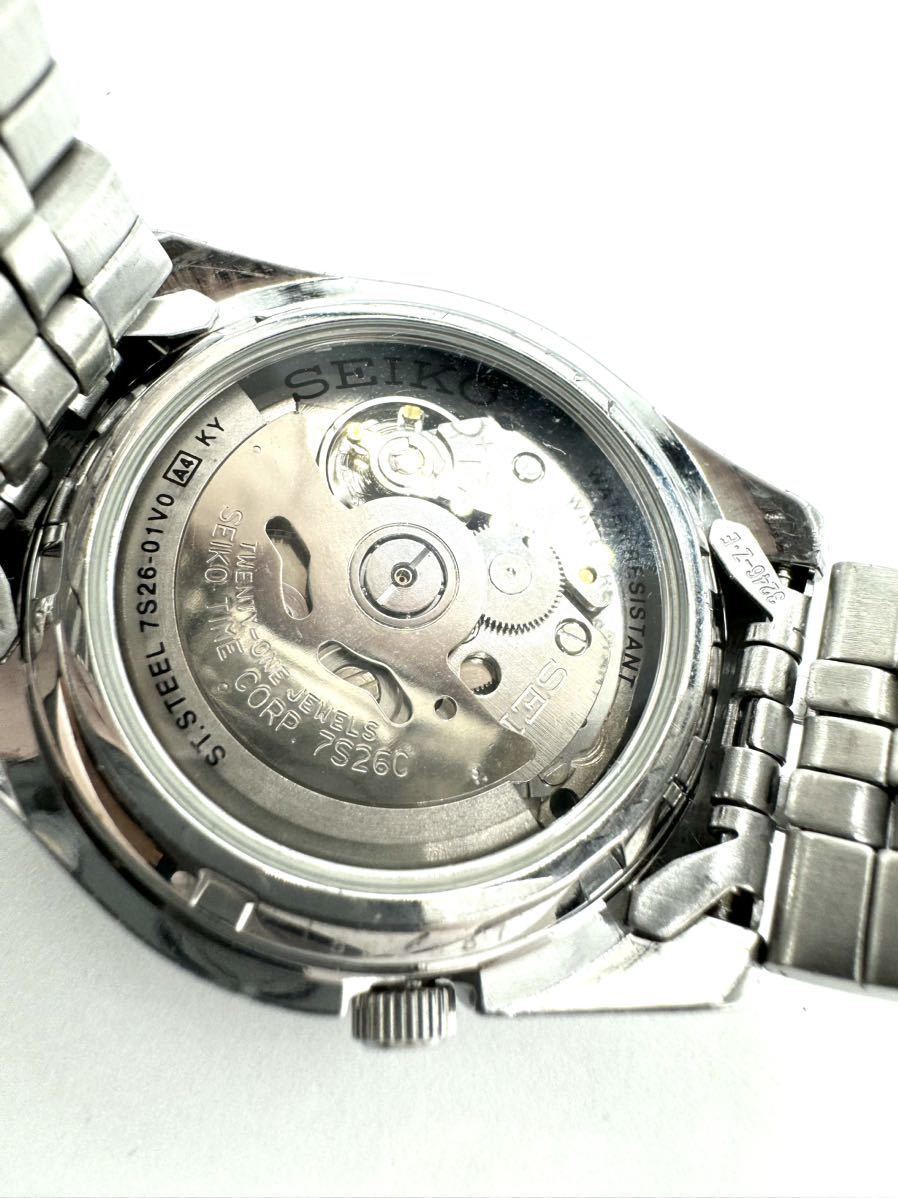 SEIKO5 セイコー 7S26-01V0 腕時計 自動巻き 21石 デイデイト 黒字盤 3針 スケルトン 純正ベルト メンズ　稼働品_画像6
