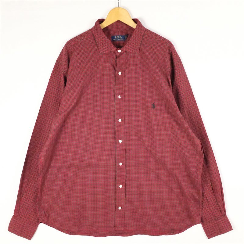古着 大きいサイズ ラルフローレン 長袖ワイドカラーシャツ メンズUS-2XLサイズ チェック柄 赤 レッド系 tn-2102n_画像2