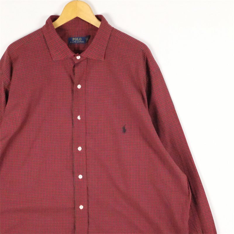 古着 大きいサイズ ラルフローレン 長袖ワイドカラーシャツ メンズUS-2XLサイズ チェック柄 赤 レッド系 tn-2102n_画像1
