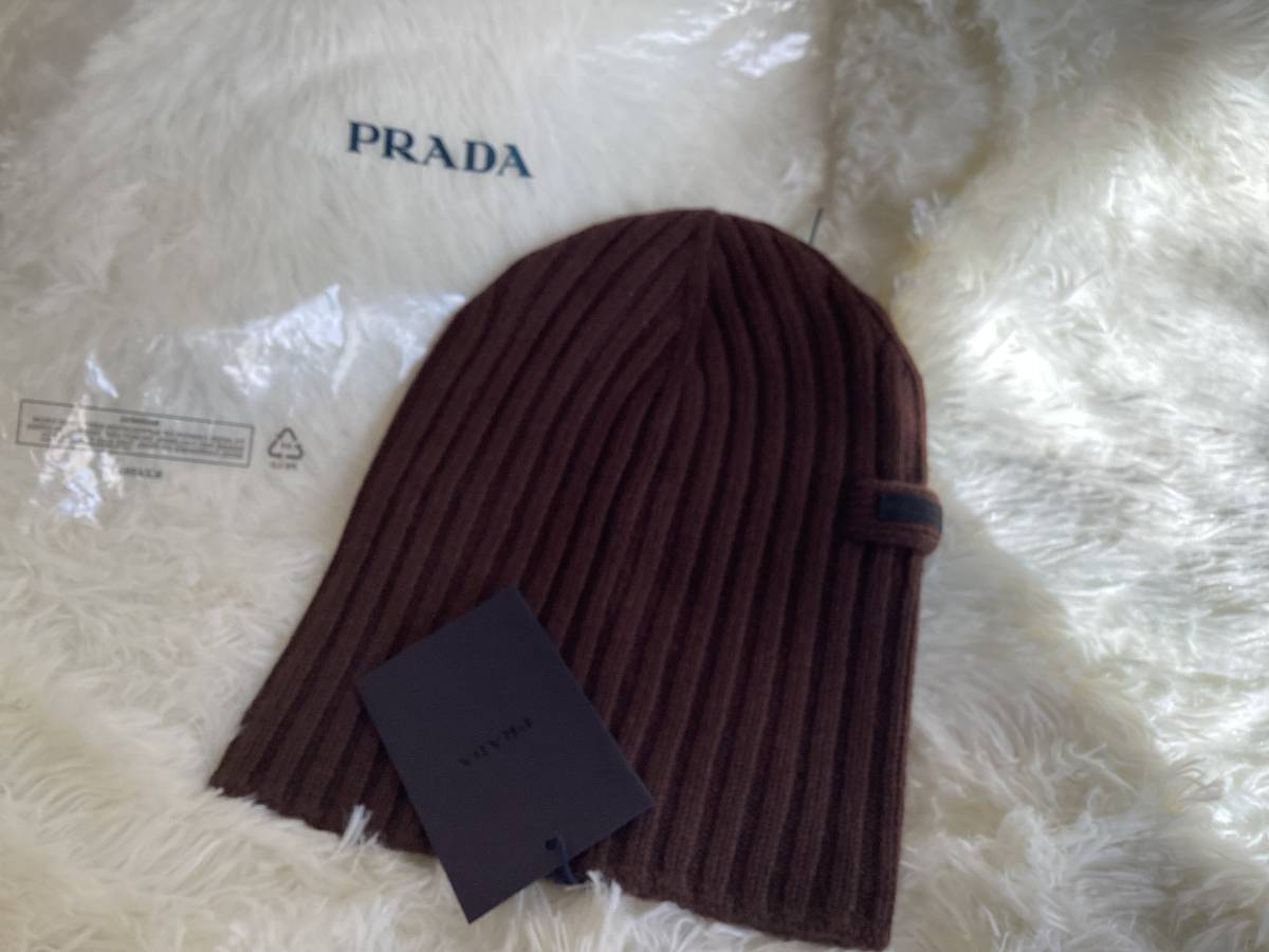 PRADA◆プラダ ニット帽 カシミア100% 未使用 ニットキャップ 帽子 ダークブラウン ビーニー 茶色 タグ M メンズ ユニセックス 男女兼用OKの画像5