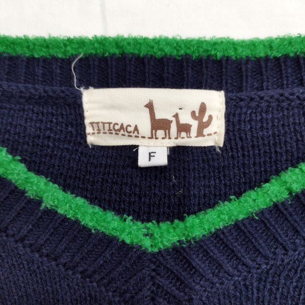 B155 TITICACA Titicaca knitted long sleeve V neck border cotton acrylic fiber nylon tunic lady's navy green size F