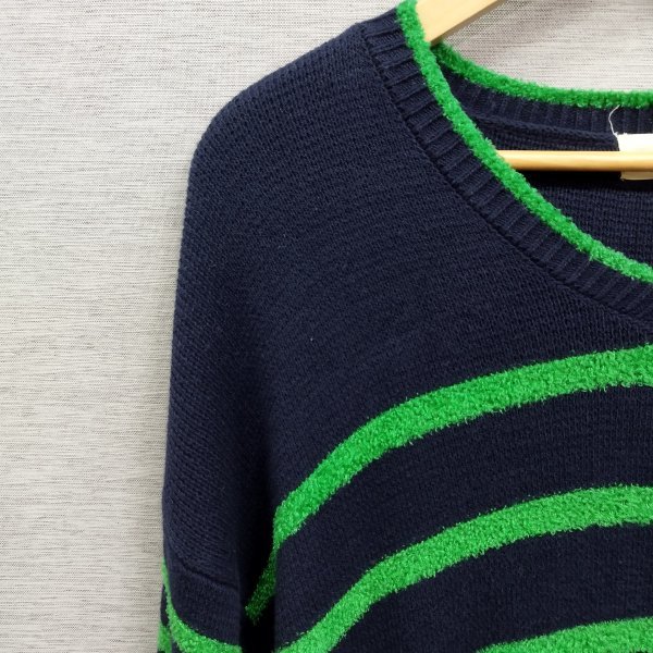 B155 TITICACA Titicaca knitted long sleeve V neck border cotton acrylic fiber nylon tunic lady's navy green size F