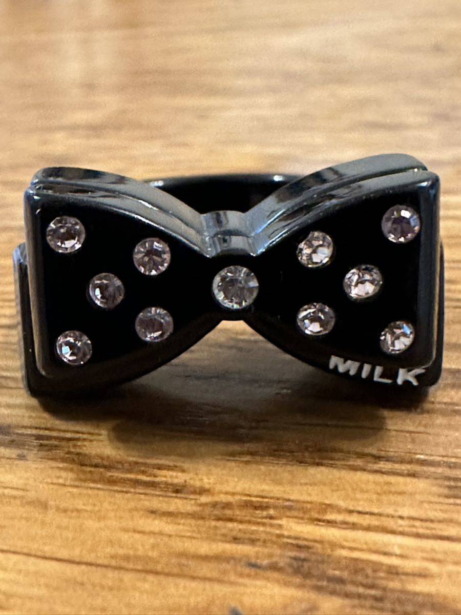 名作 本物 美品 MILK ミルク ロゴ リボン ラインストーン リング 指輪 ブラック_画像5