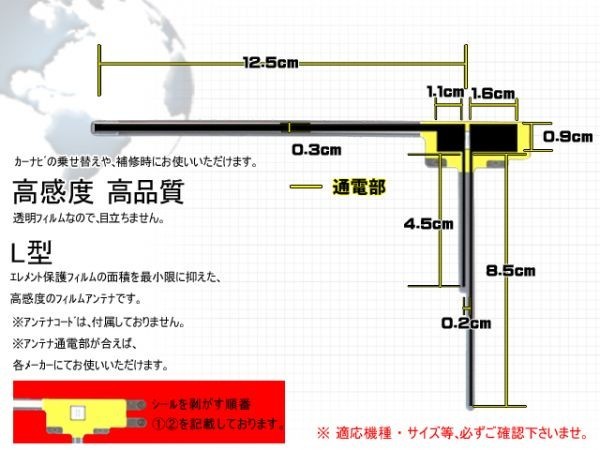 L型フィルムアンテナ/地デジ/高感度/AVIC-HRZ099/カロッツェリア/左右4枚set/クリーナー付・フルセグ・交換・補修・のせ替え RG11_画像2