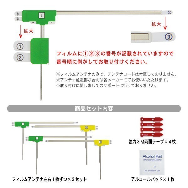 パナソニック/CN-HW851D/L型/フィルムアンテナ/左右4枚/3M両面テープ4枚/高感度/地デジ/補修/交換/汎用/クリーナー付 RG11MO54C_画像3