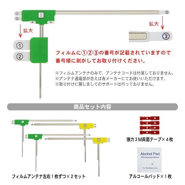 L型/フィルムアンテナ/左右/4枚/AVIC-ZH07/カロッツェリア/3M両面テープ/クリーナー付/高感度/地デジ/補修/交換/汎用/RG11MO64C_画像3