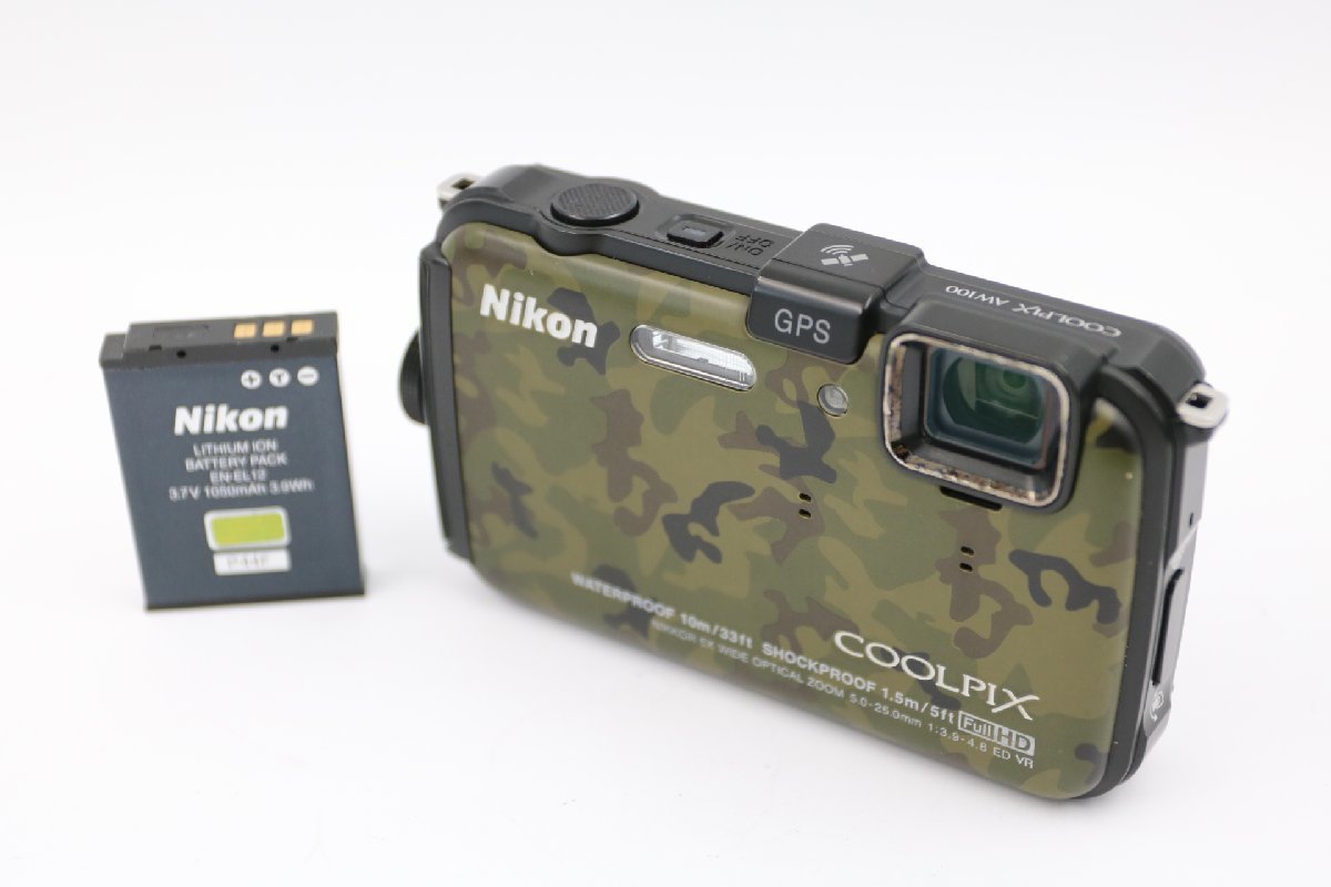 《動作保証》 ニコン Nikon COOLPIX AW100 クールピクス 防水 迷彩 カムフラージュ コンパクト デジタル カメラ コンデジ 純正バッテリー付_画像1