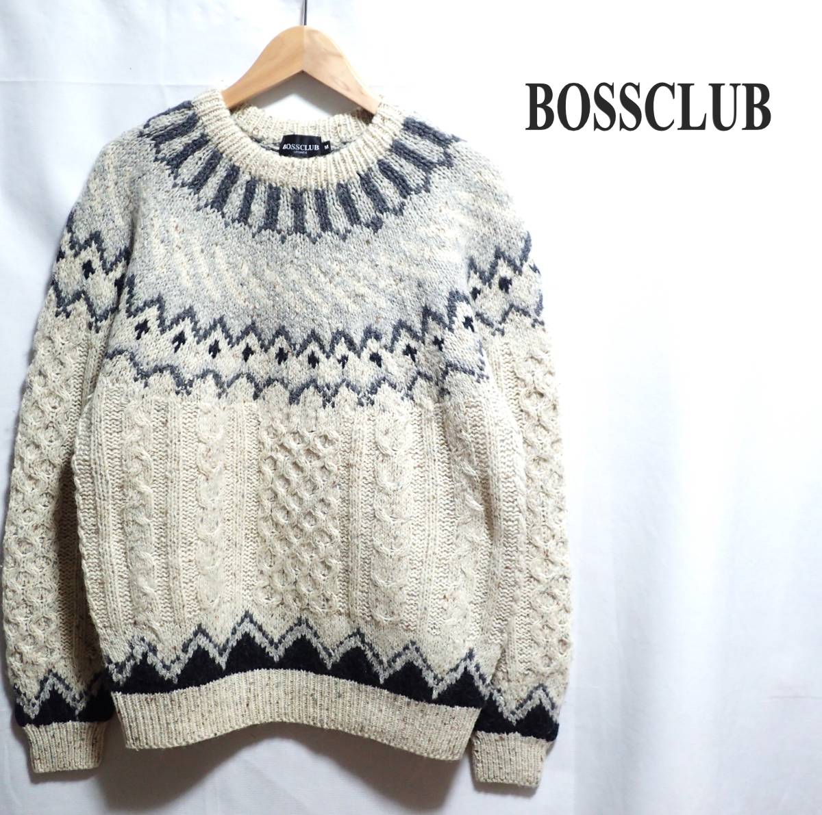 ☆人気のノルディック柄です　☆BOSSCLUB　☆毛100％　☆ノルディックセーター　☆カウチンニット　☆ロピーセーター　☆M_画像1