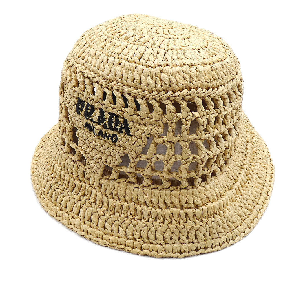 美品 プラダ 帽子 PRADA ビスコース ラフィア ウーブン ロゴ バケットハット サイズM ベージュ 1HC137 T-YJP06150