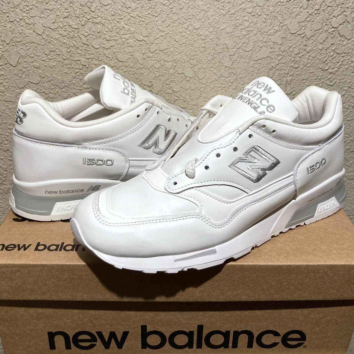 オールレザー New Balance M1500WHI UK製 US9.5 27.5cm 新品 ホワイト×グレー イギリス英国製 NB 天然皮革 スニーカー 白 Made In England