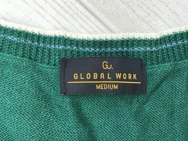GLOBAL WORK グローバルワーク メンズ ライン入 薄手 ニットベスト M 緑白_画像2