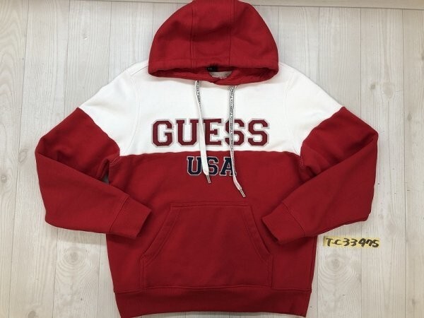 GUESS ゲス メンズ 裏フリース コットン スウェットパーカー L 赤白_画像1