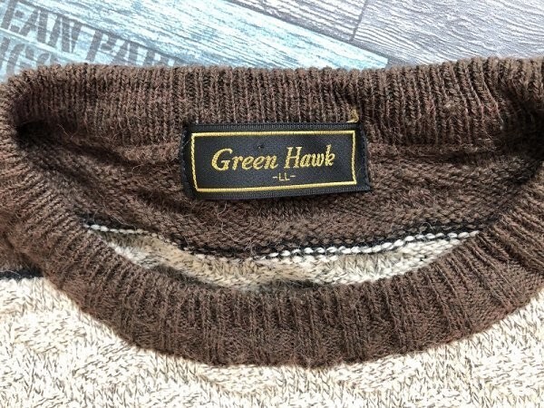 GREEN HAWK グリーンホーク メンズ アクリル他 ウール混 ボーダー 柄編み ニットセーター 大きいサイズ LL 茶ベージュ_画像2