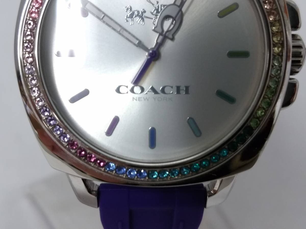 【美品】COACH コーチ カラーストーンベゼル CA.43.7.14.1247S クォーツ腕時計/作動中/ラウンドフェイス/ラバーベルト/アナログ/01YZ020402_画像3