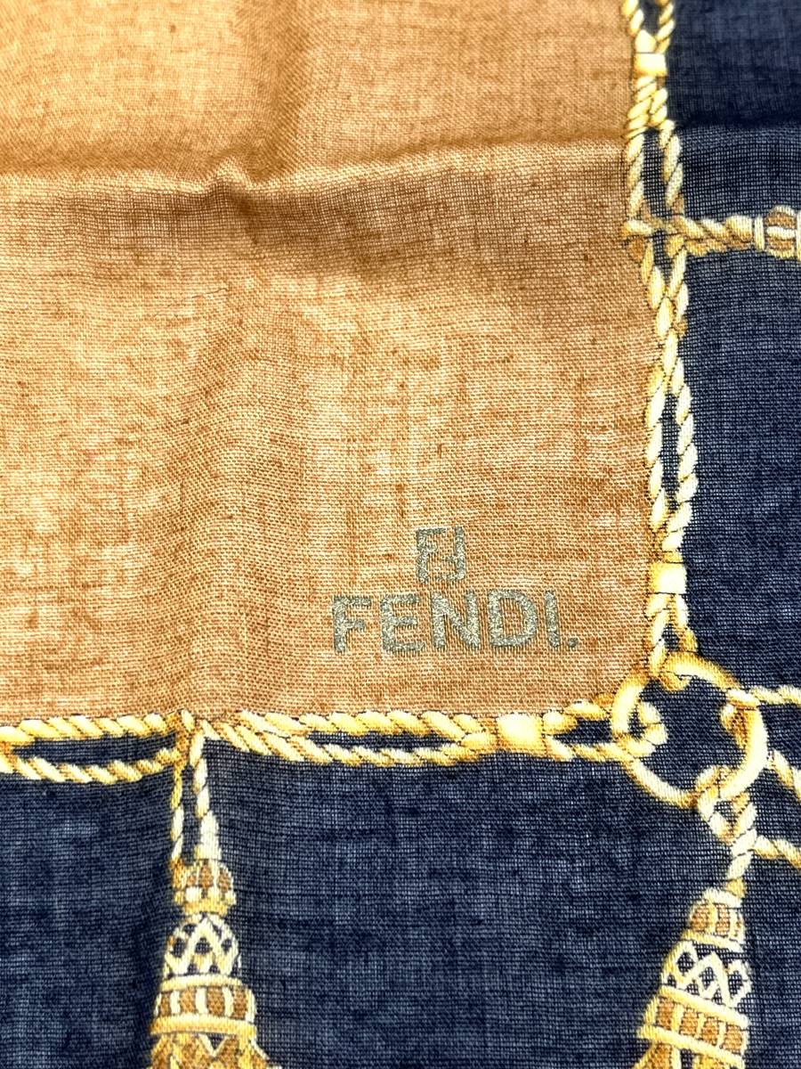 FENDI　フェンディ　ハンカチ　スカーフ　フリンジ　チェック　ストライプ　コットン　44×44_画像2