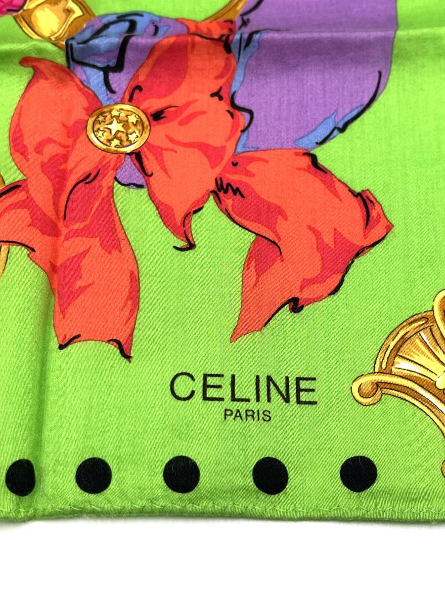 CELINE　セリーヌ　スカーフ　ハンカチ　トリオンフ　ライトグリーン　ドット　コットン　51×51_画像6