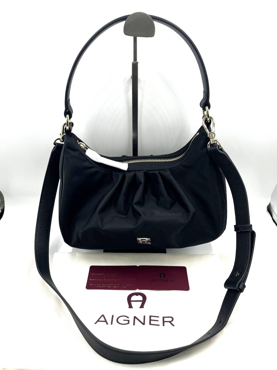 【新品同様】AIGNER　アイグナー　2wayハンドバッグ　ショルダーバッグ　ナイロン×レザー　ブラック　黒　ゴールドロゴ